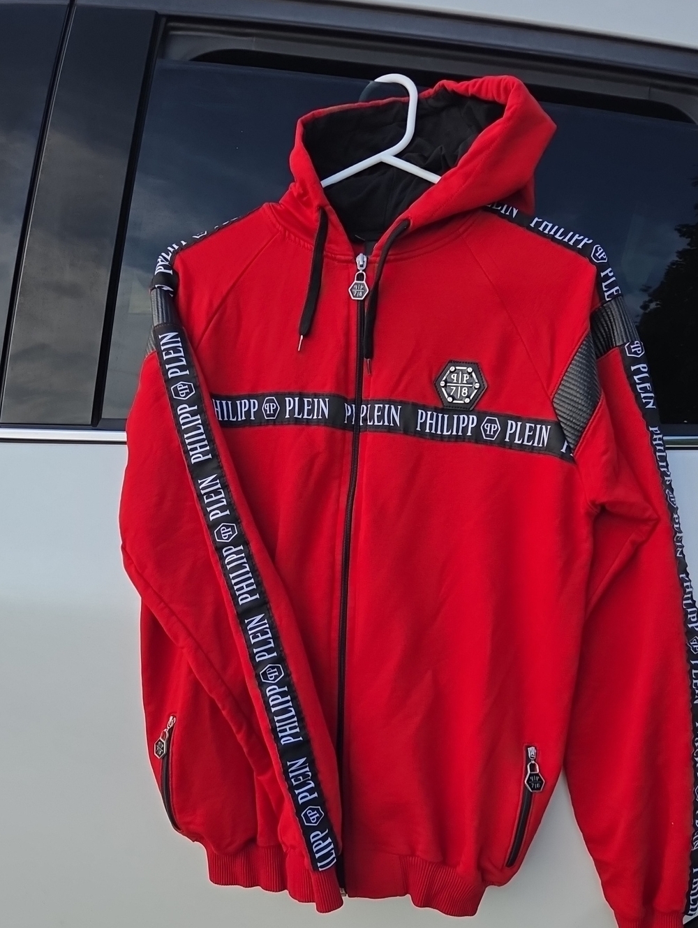 Philipp Plein Couture Red Hooded Zip Jacket with Logo Tape
